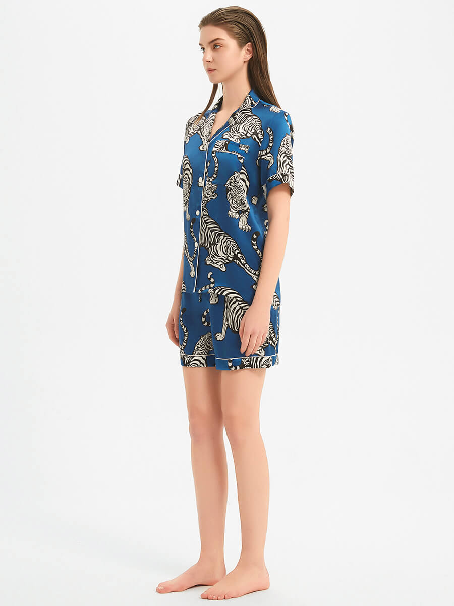 22 Momme Blue Tiger Print Silk Pajama and Shorts Set