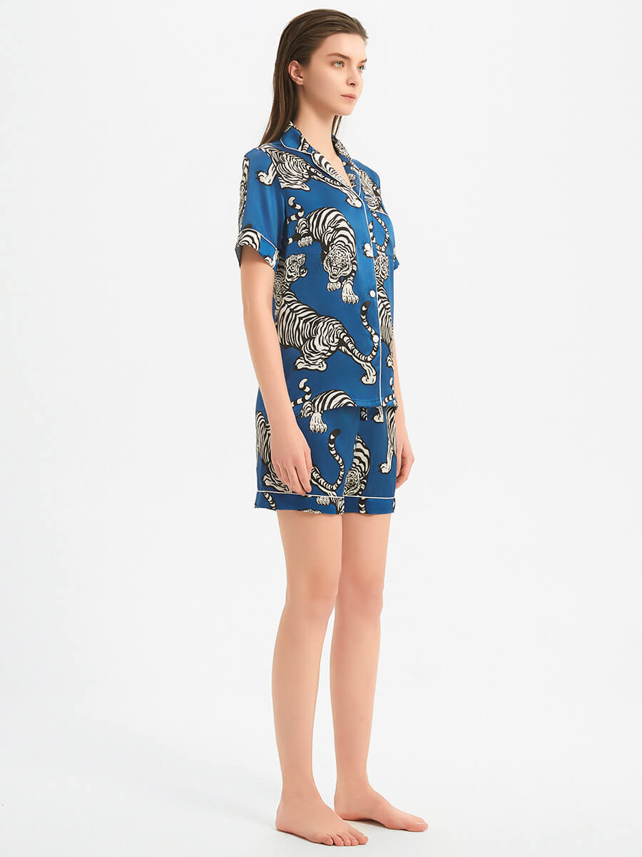 22 Momme Blue Tiger Print Silk Pajama and Shorts Set