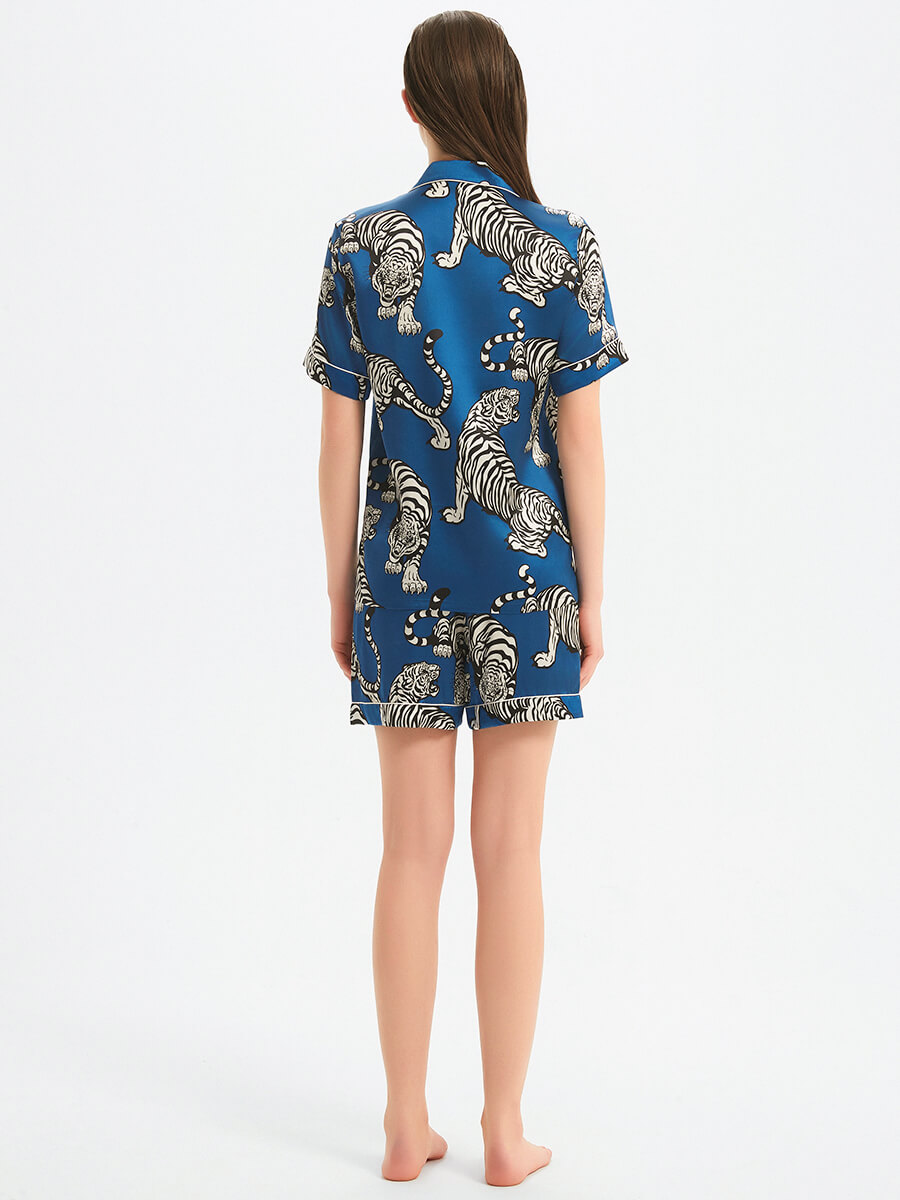 22 Momme Blue Tiger Print Silk Pajama and Shorts Set