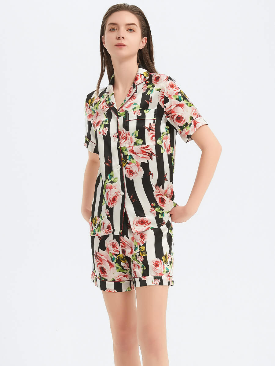 22 Momme Rose Floral Print Striped Silk Pajama Shorts Set