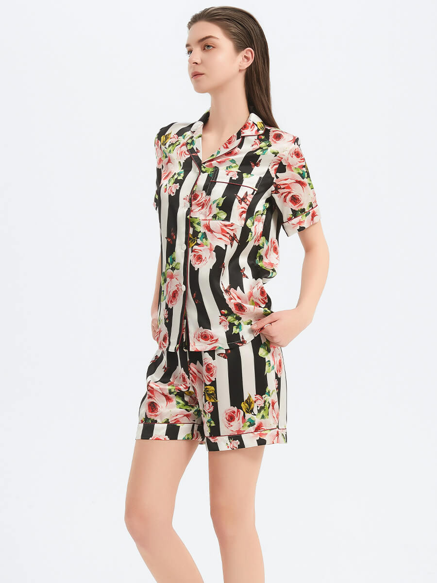 22 Momme Rose Floral Print Striped Silk Pajama Shorts Set