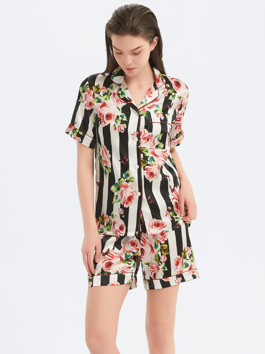 22 Momme Rose Floral Print Striped Silk Pajama Shorts Set
