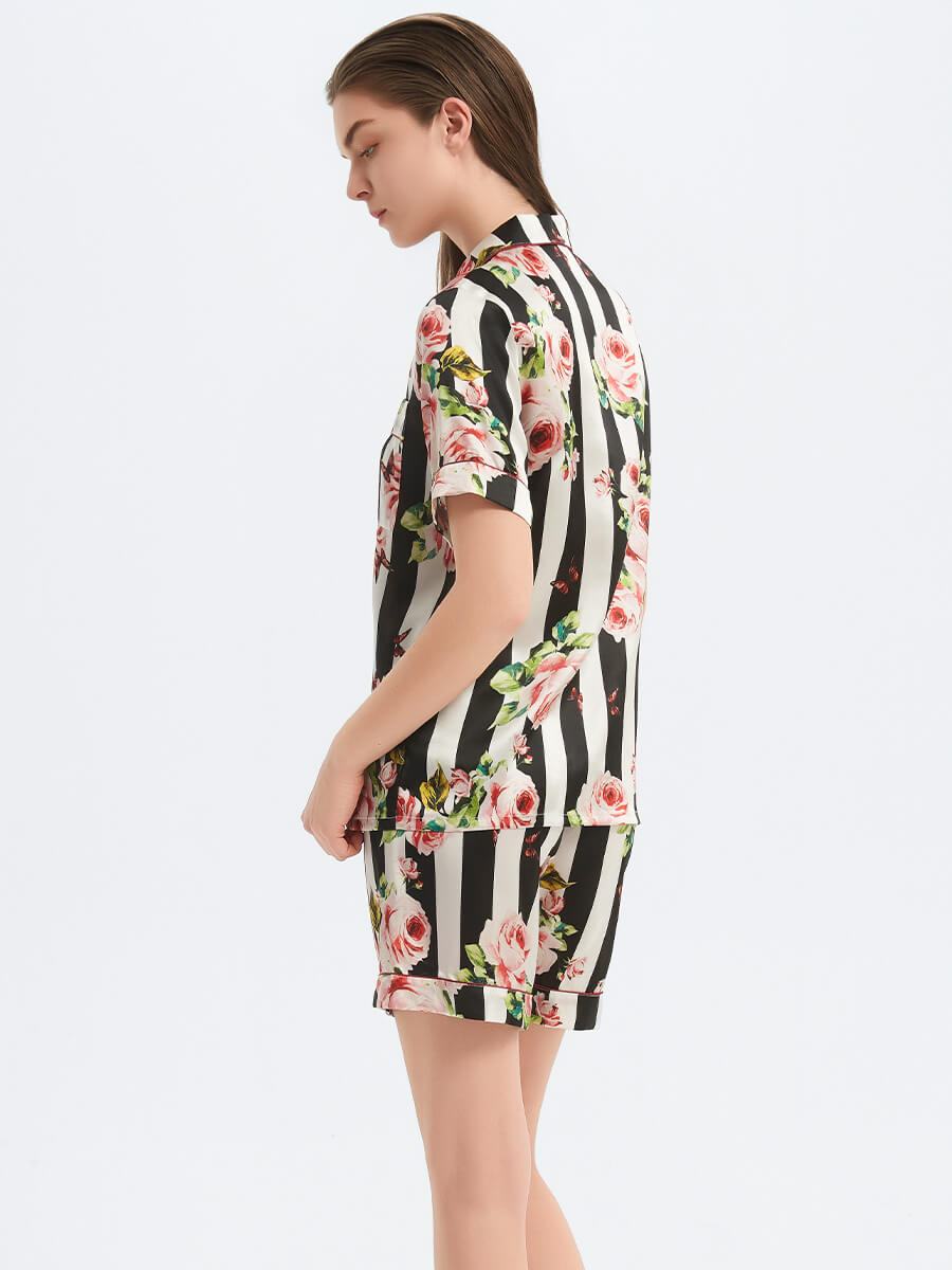 22 Momme Rose Floral Print Striped Silk Pajama Shorts Set