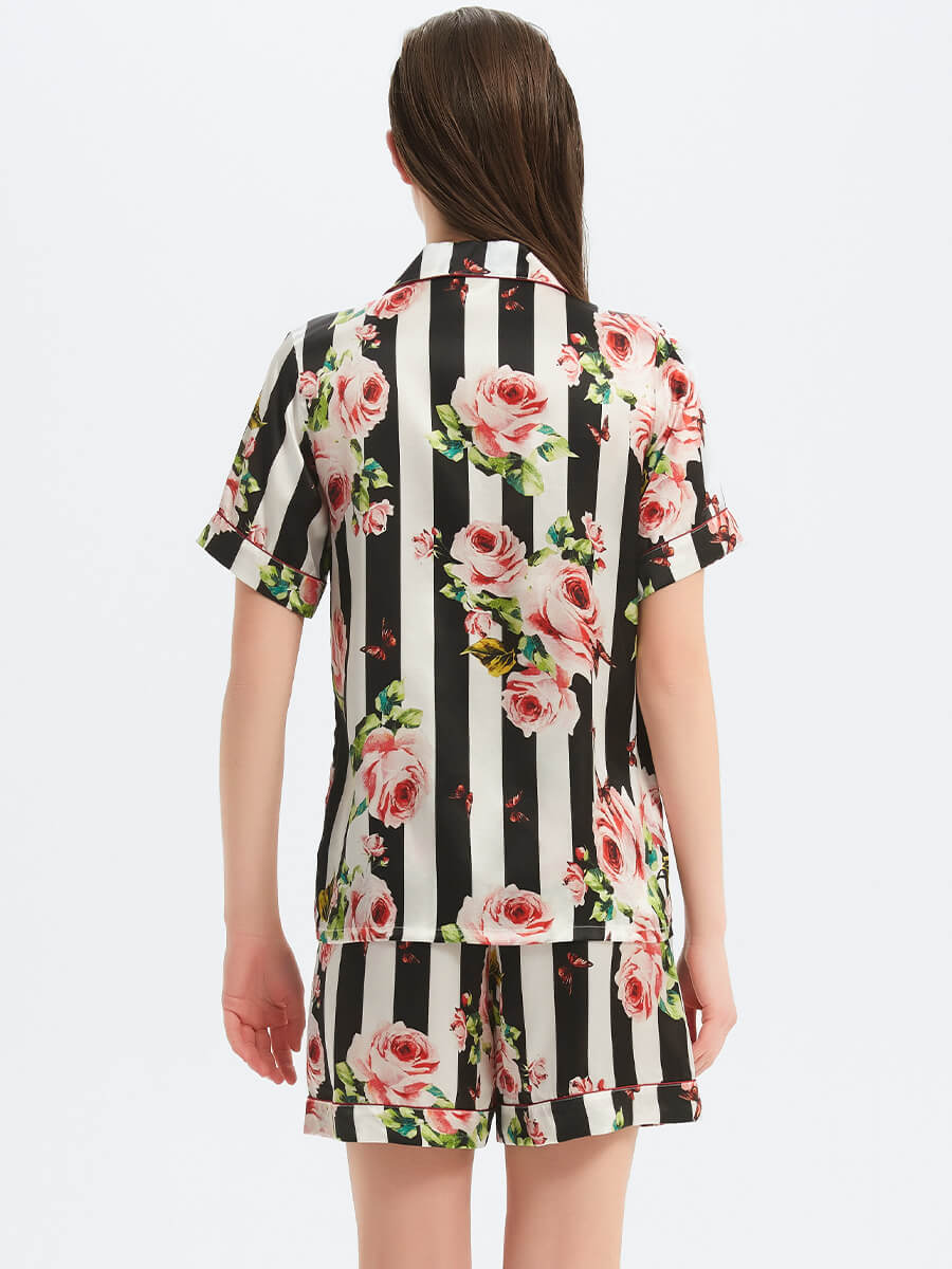 22 Momme Rose Floral Print Striped Silk Pajama Shorts Set