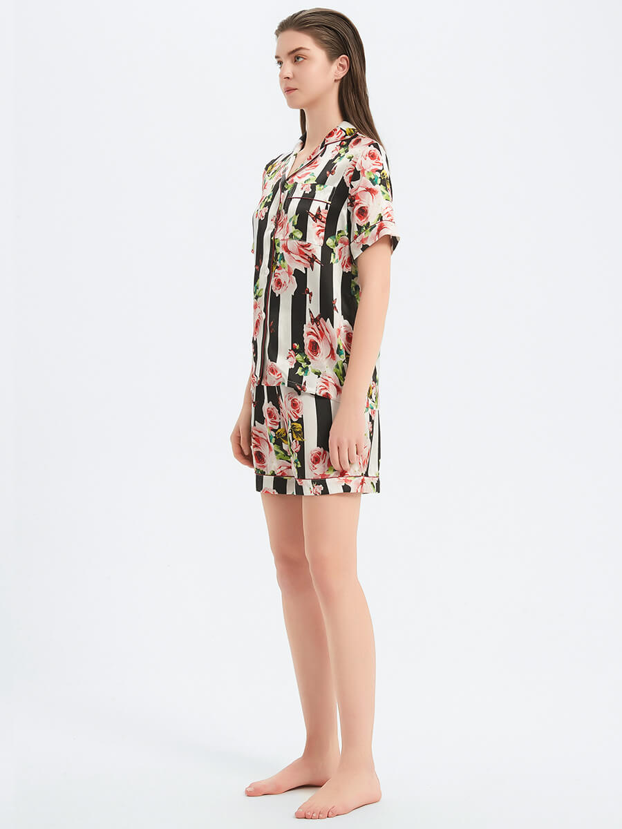 22 Momme Rose Floral Print Striped Silk Pajama Shorts Set