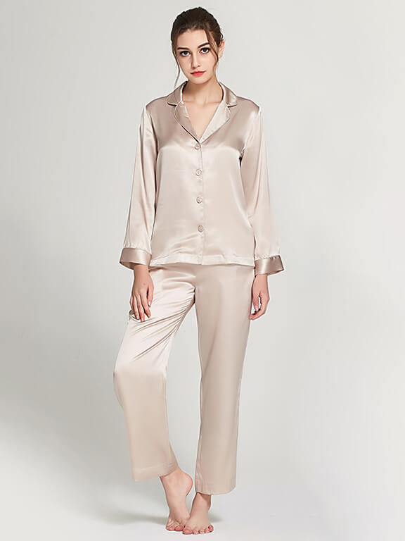 19 Momme Elegant Solid Color Full Length Silk Pajamas Set