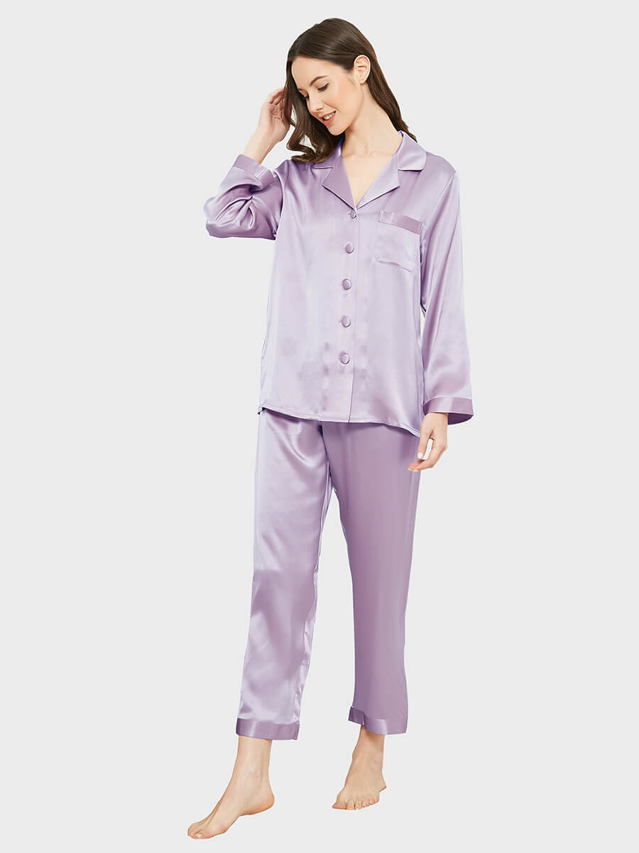 19 Momme Elegant Solid Color Full Length Silk Pajamas Set