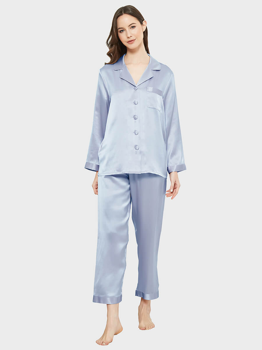 19 Momme Elegant Solid Color Full Length Silk Pajamas Set