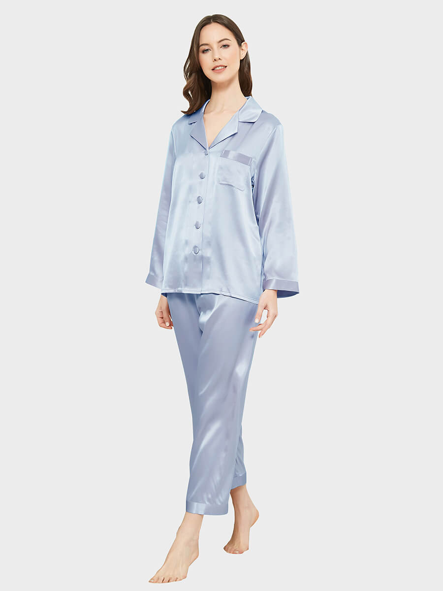 19 Momme Elegant Solid Color Full Length Silk Pajamas Set