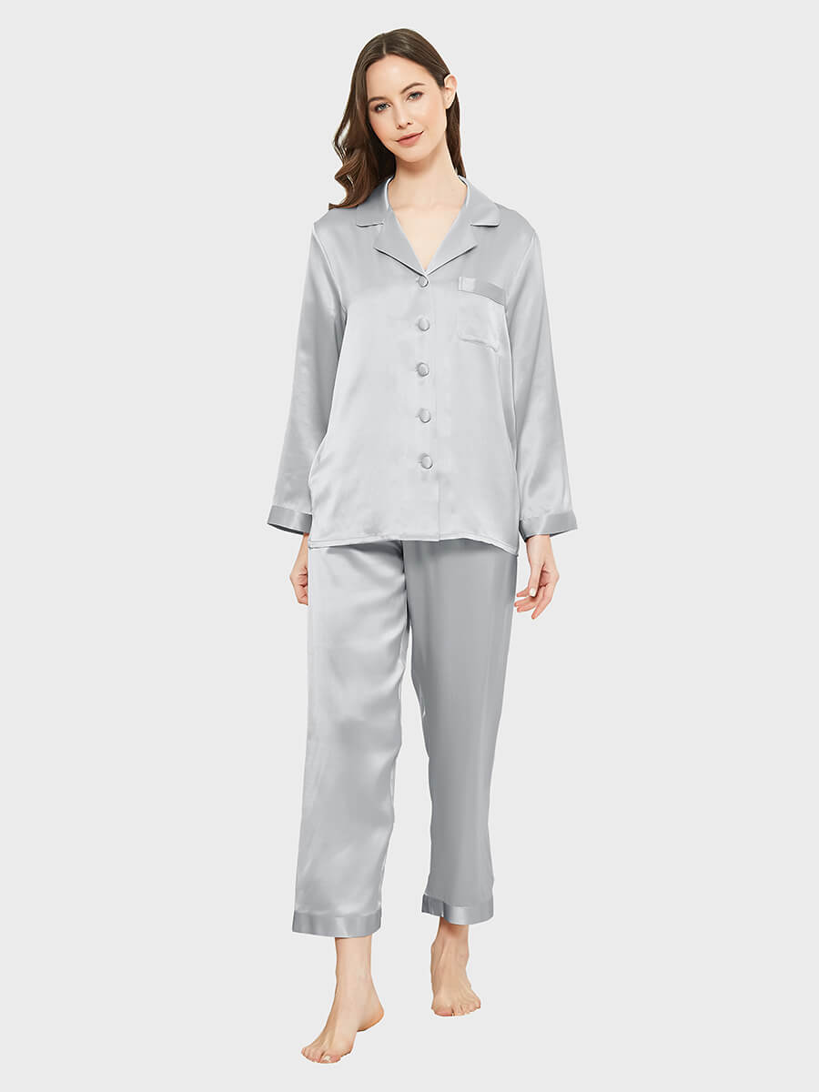 19 Momme Elegant Solid Color Full Length Silk Pajamas Set