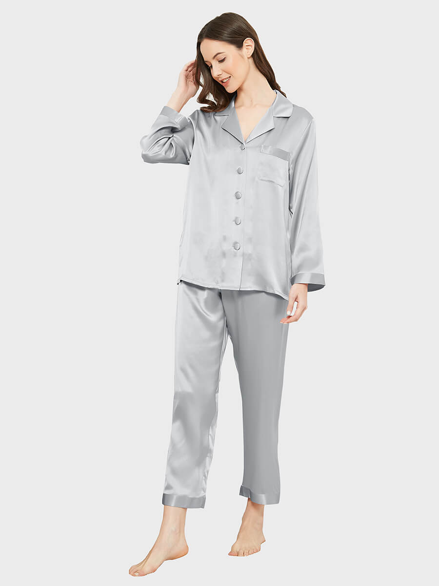 19 Momme Elegant Solid Color Full Length Silk Pajamas Set