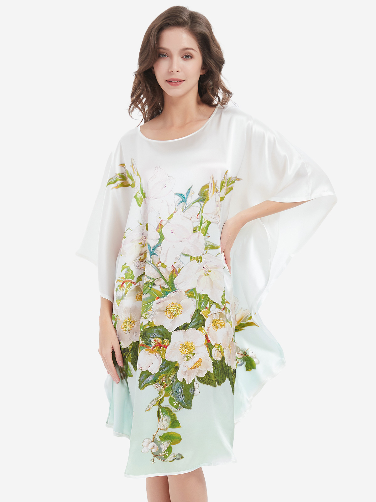 19 Momme White And Green Ombre Flowers Printed Silk Caftan Dress