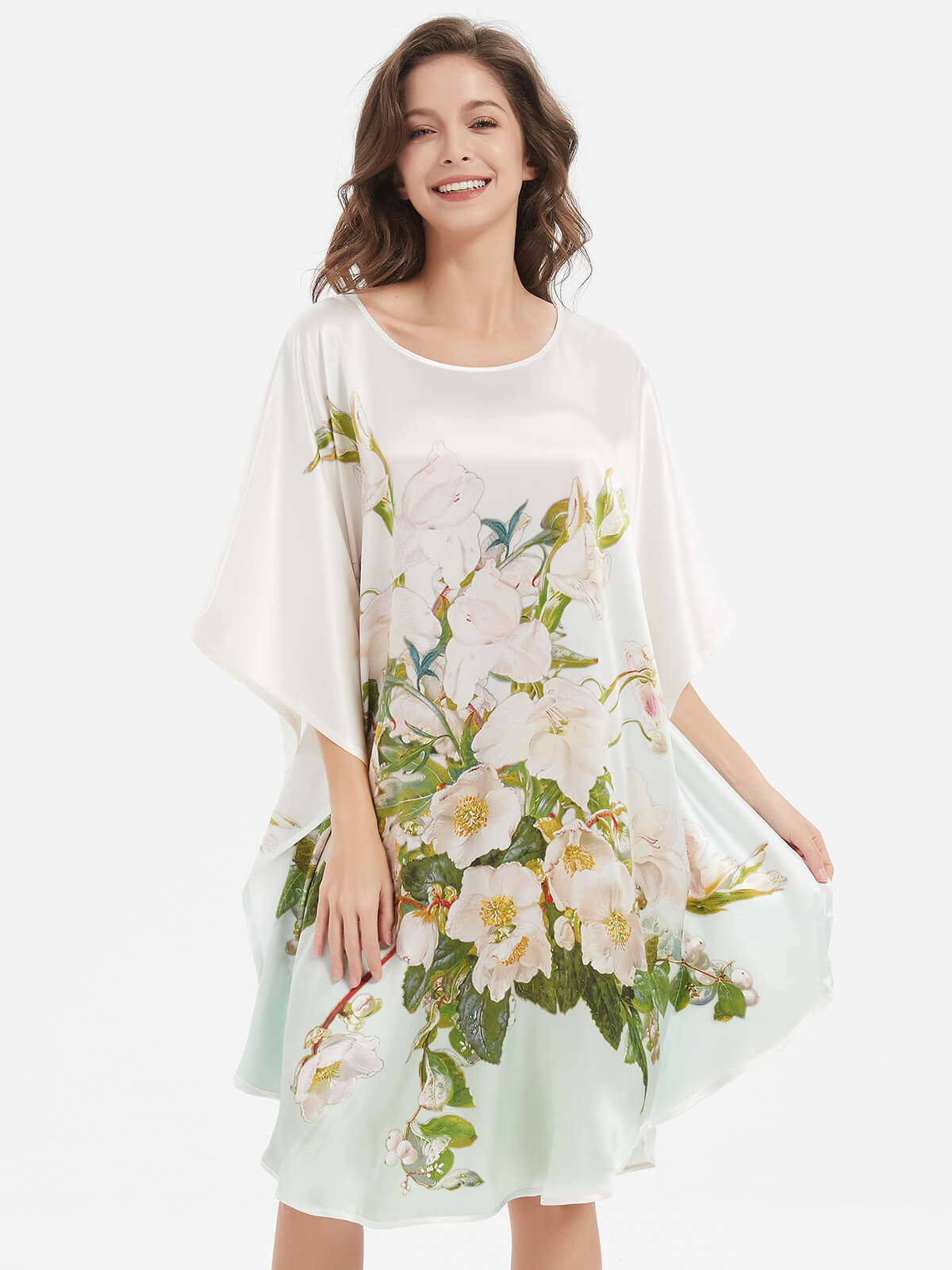 19 Momme White And Green Ombre Flowers Printed Silk Caftan Dress