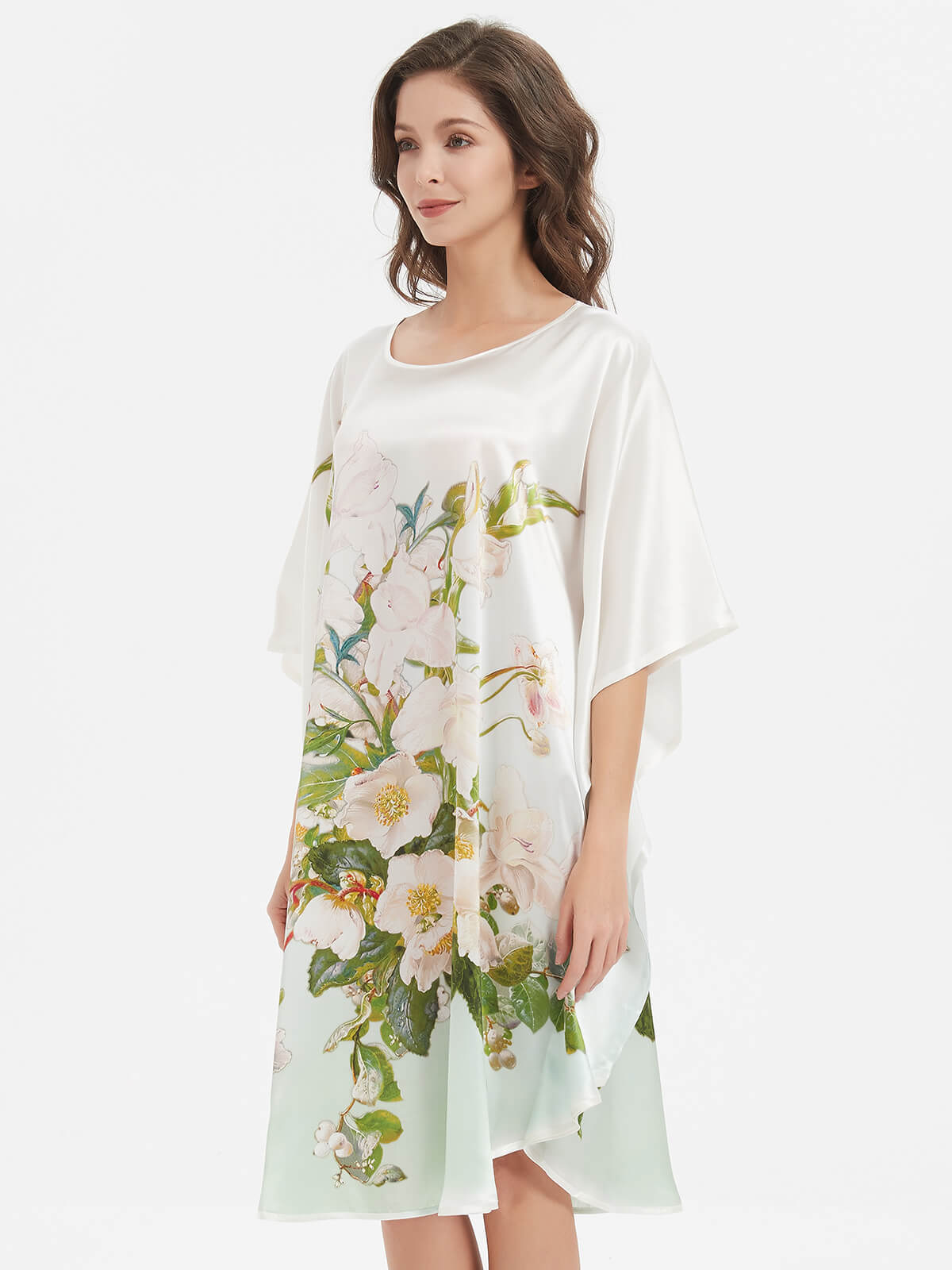 19 Momme White And Green Ombre Flowers Printed Silk Caftan Dress