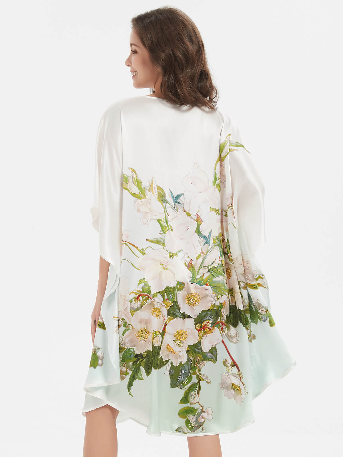 Ombre Green Floral Printed White Mulberry Silk Caftan Nightdress