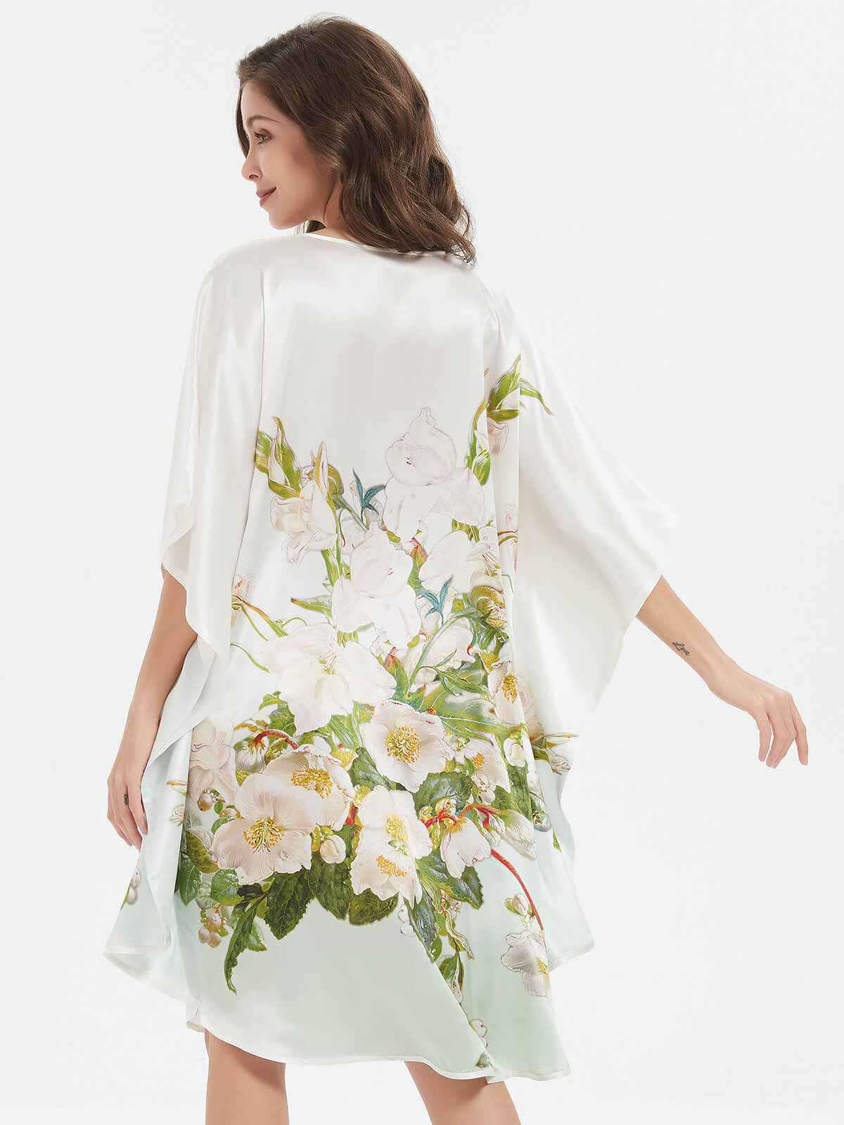 19 Momme White And Green Ombre Flowers Printed Silk Caftan Dress