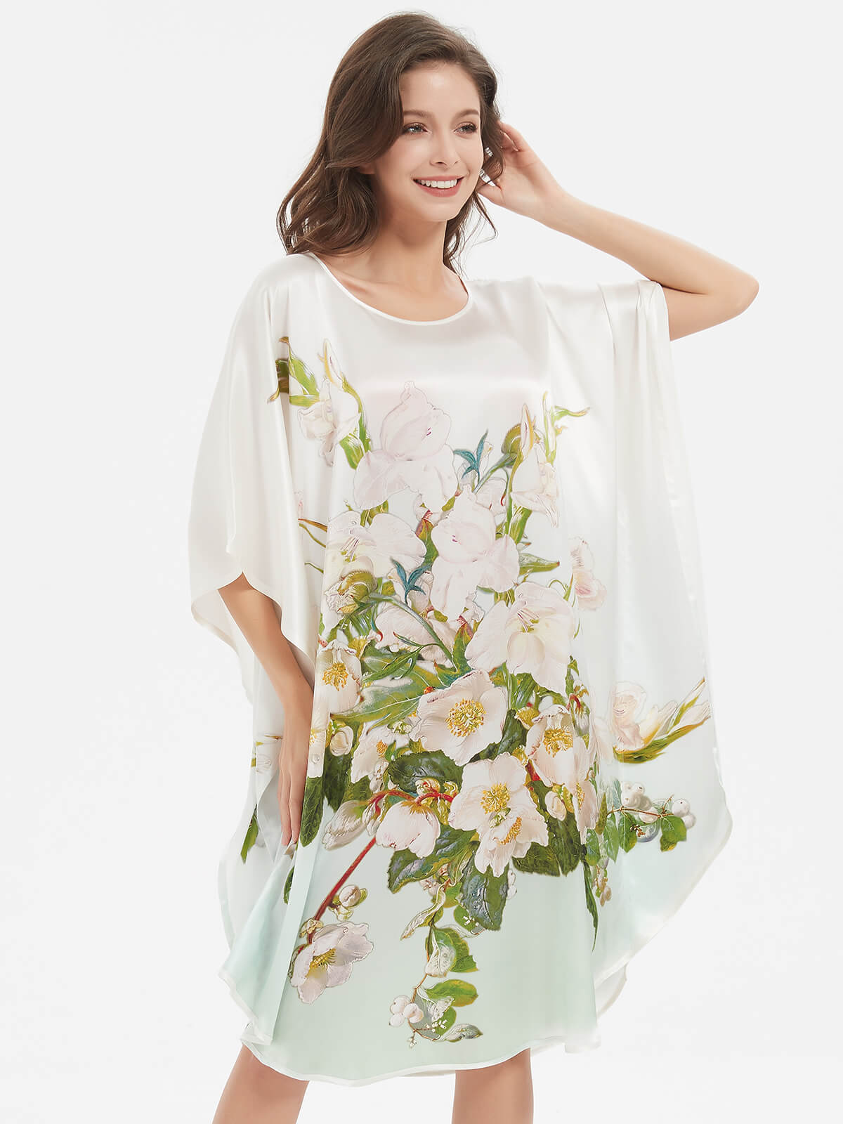 19 Momme White And Green Ombre Flowers Printed Silk Caftan Dress