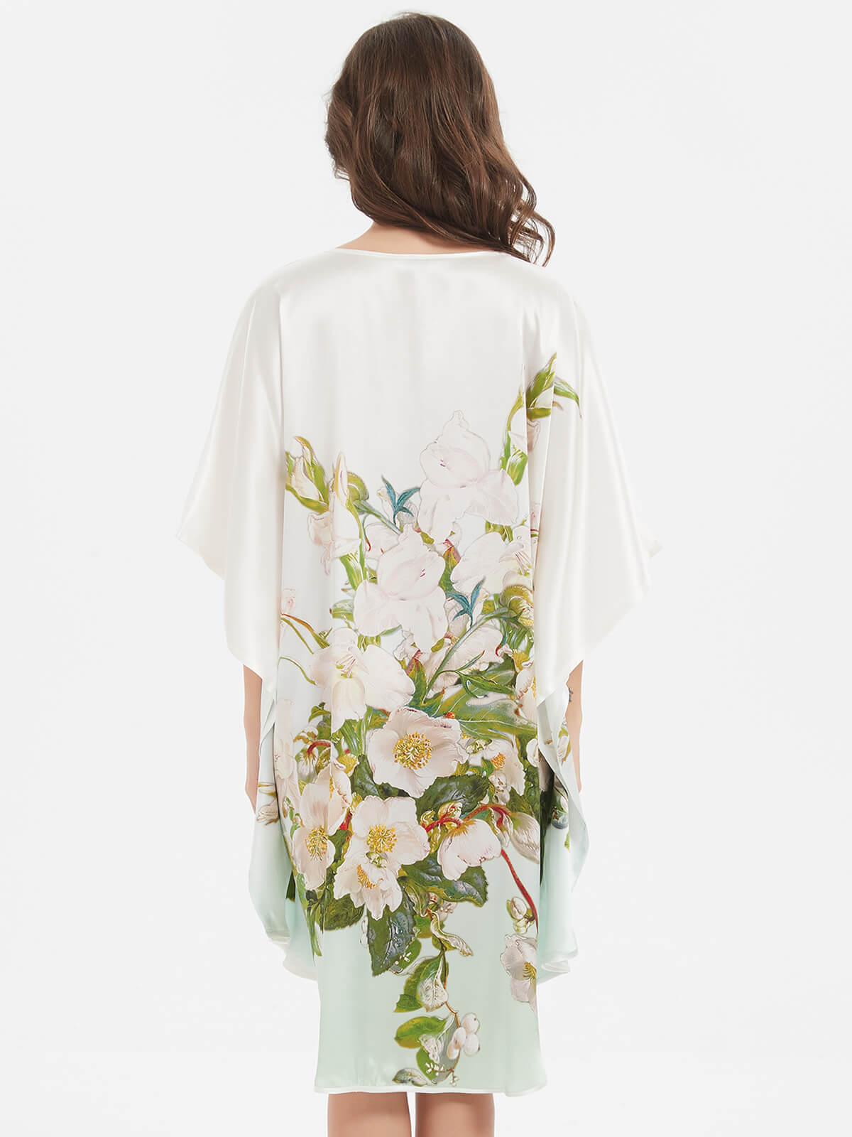 19 Momme White And Green Ombre Flowers Printed Silk Caftan Dress