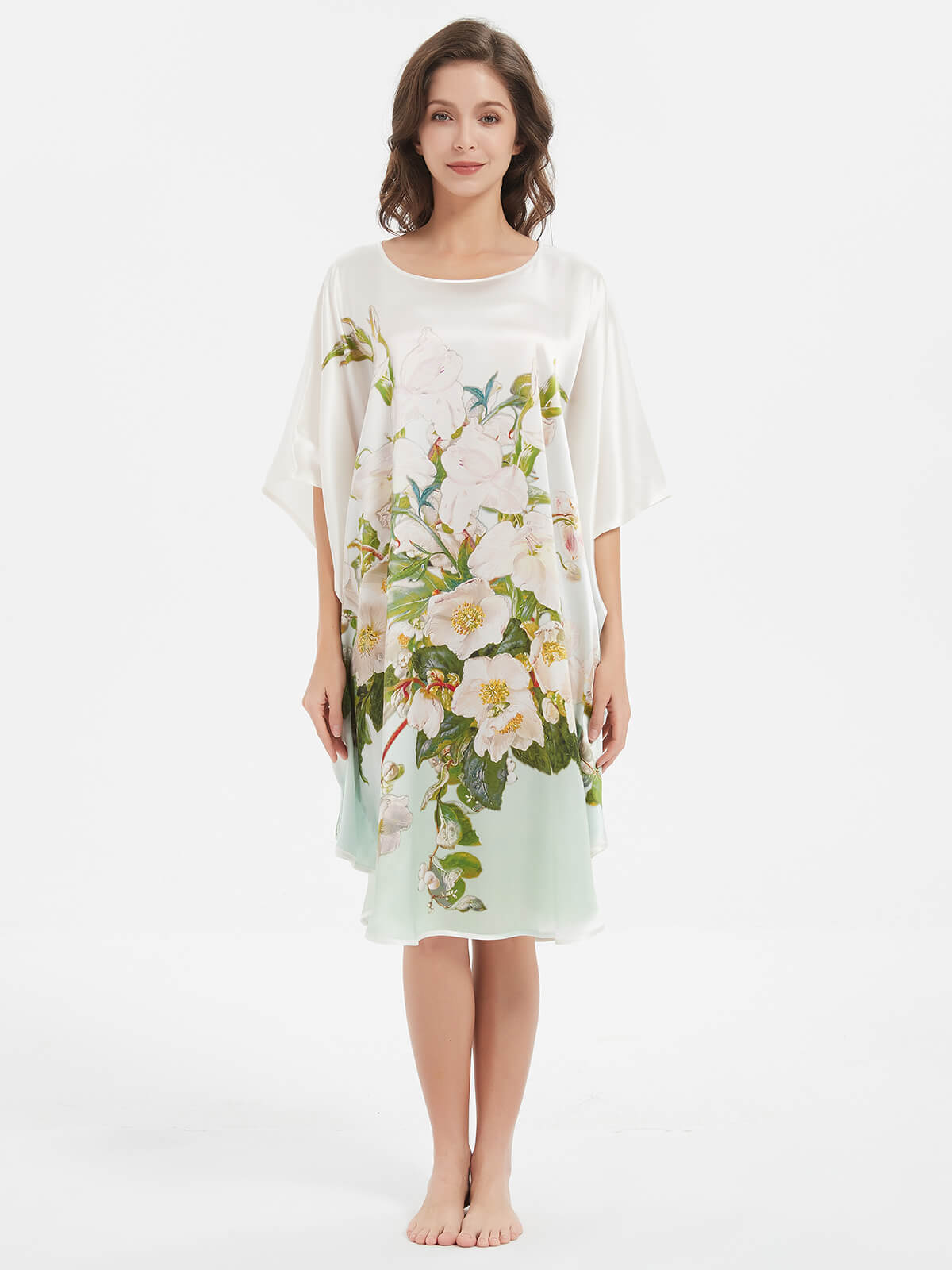 19 Momme White And Green Ombre Flowers Printed Silk Caftan Dress
