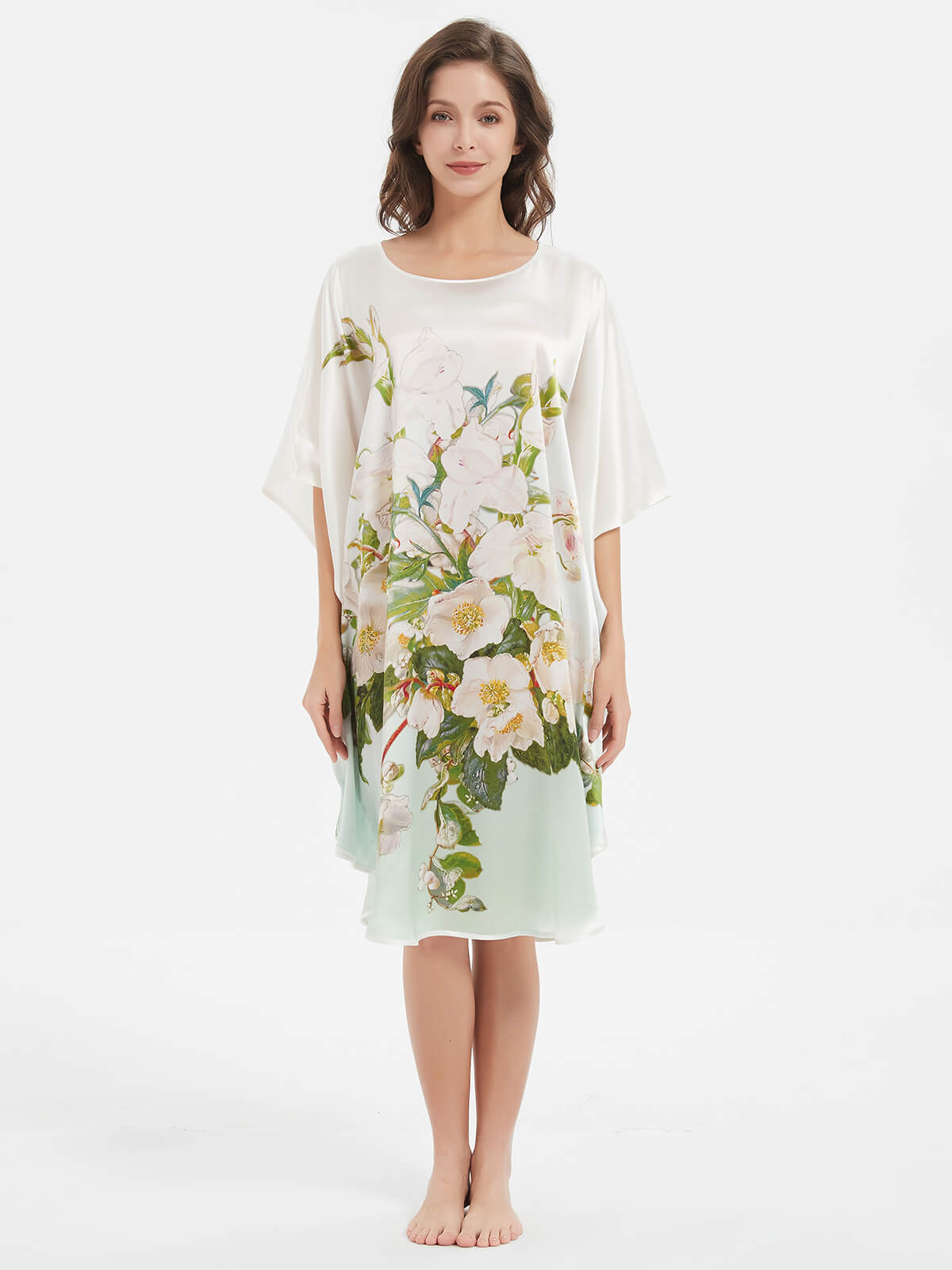 Ombre Green Floral Printed White Mulberry Silk Caftan Nightdress