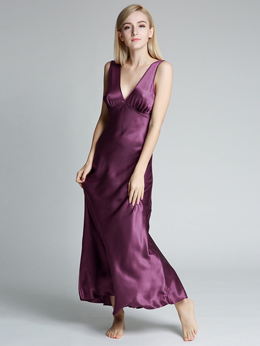 22 Momme Deep V-neck Floor Length Silk Nightgown with Wide Strap