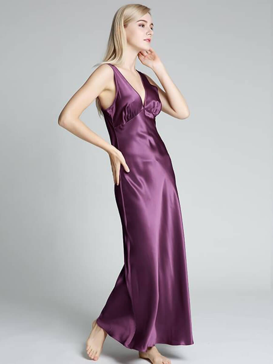 Deep V-Neck Sleeveless Wide-Strap Floor Length Silk Nightgown