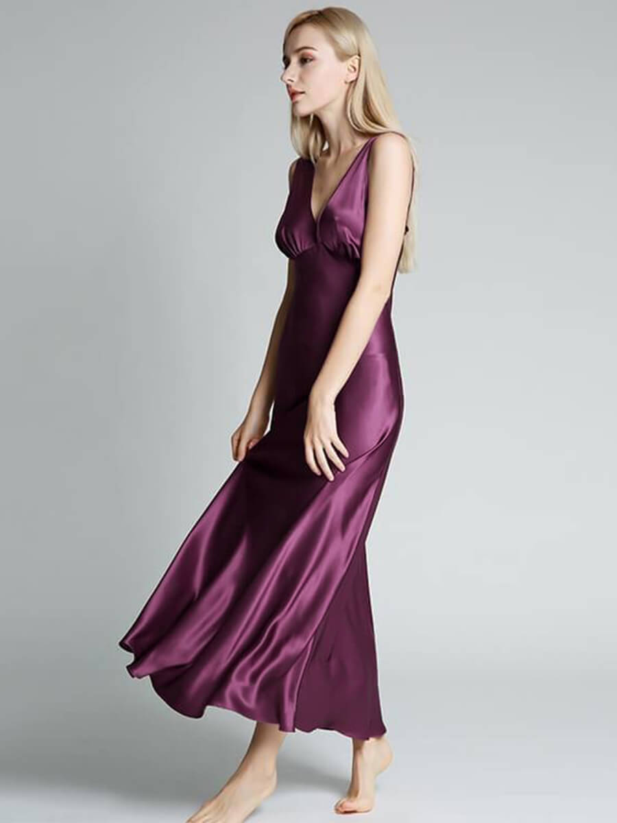 Deep V-Neck Sleeveless Wide-Strap Floor Length Silk Nightgown
