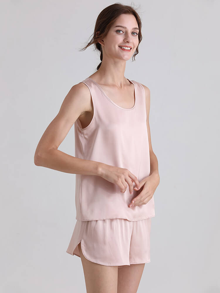19 Momme Womens Comfortable Silk Tank Top and Shorts Pajamas Set