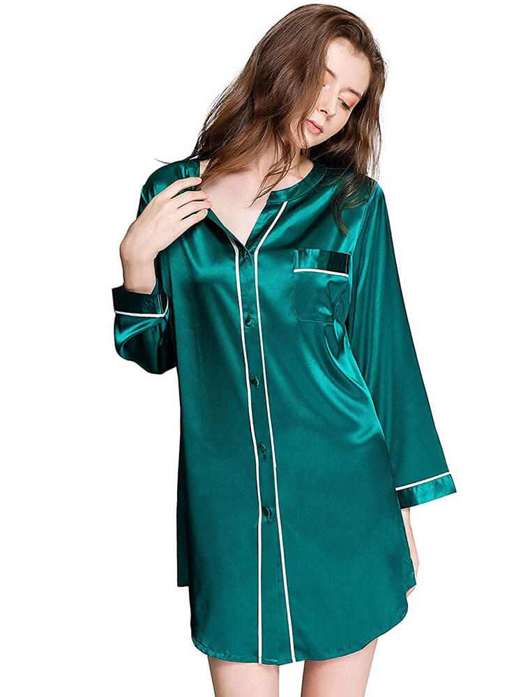 Chic Piped Long Sleeve Button-up V-Neck Silk Nightshirt