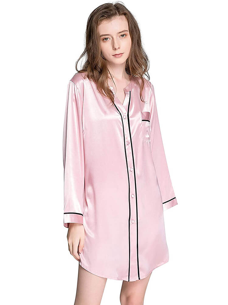 Chic Piped Long Sleeve Button-up V-Neck Silk Nightshirt