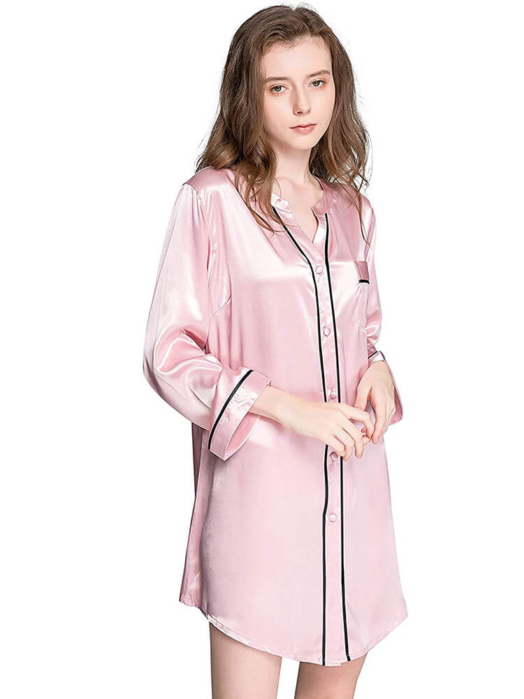 Chic Piped Long Sleeve Button-up V-Neck Silk Nightshirt