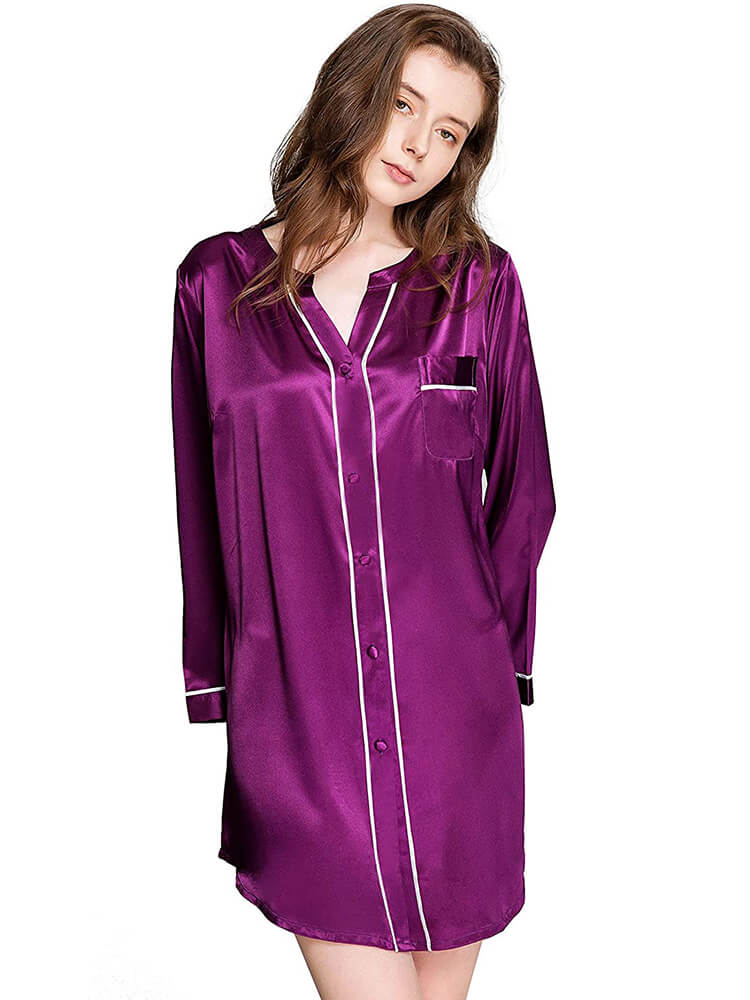 Chic Piped Long Sleeve Button-up V-Neck Silk Nightshirt