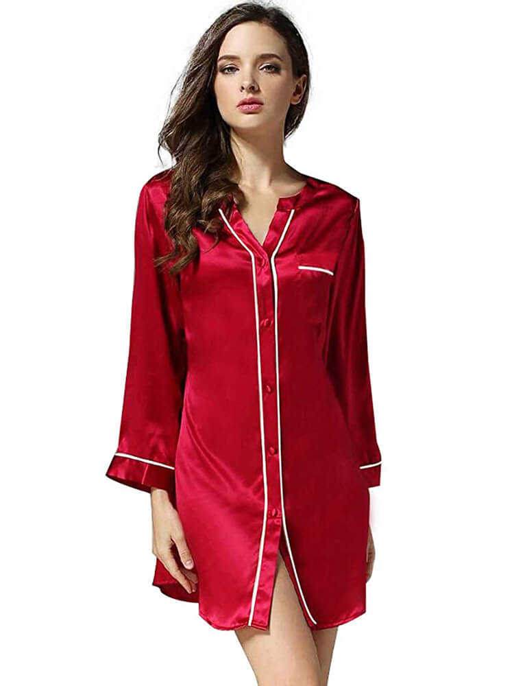 Chic Piped Long Sleeve Button-up V-Neck Silk Nightshirt