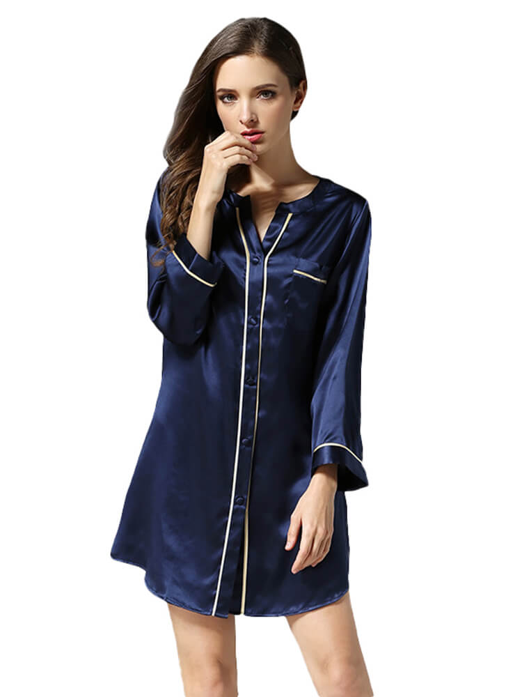 Chic Piped Long Sleeve Button-up V-Neck Silk Nightshirt