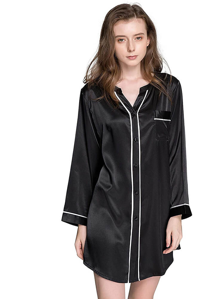 Chic Piped Long Sleeve Button-up V-Neck Silk Nightshirt