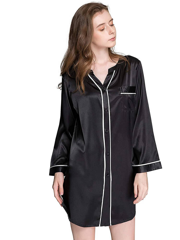 Chic Piped Long Sleeve Button-up V-Neck Silk Nightshirt