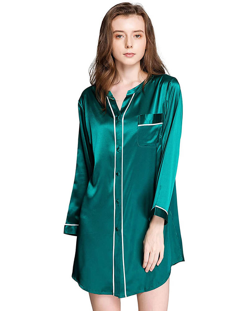 Chic Piped Long Sleeve Button-up V-Neck Silk Nightshirt