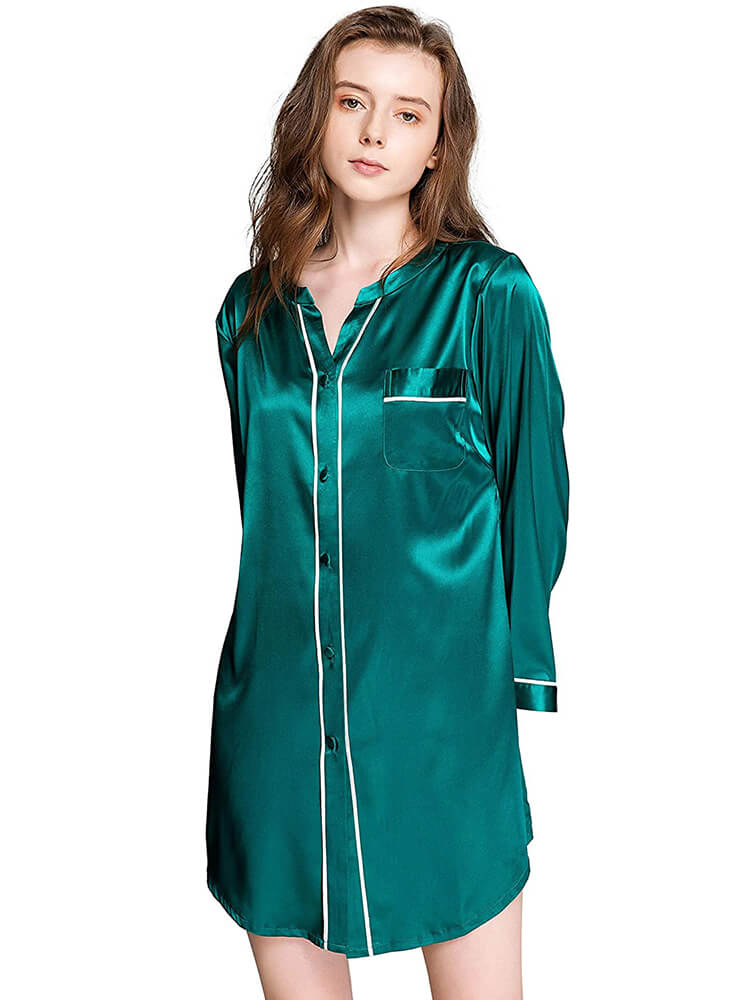 Chic Piped Long Sleeve Button-up V-Neck Silk Nightshirt