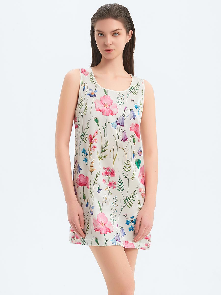 Fresh Floral Sleeveless Round Neck Silk Tank Nightgown