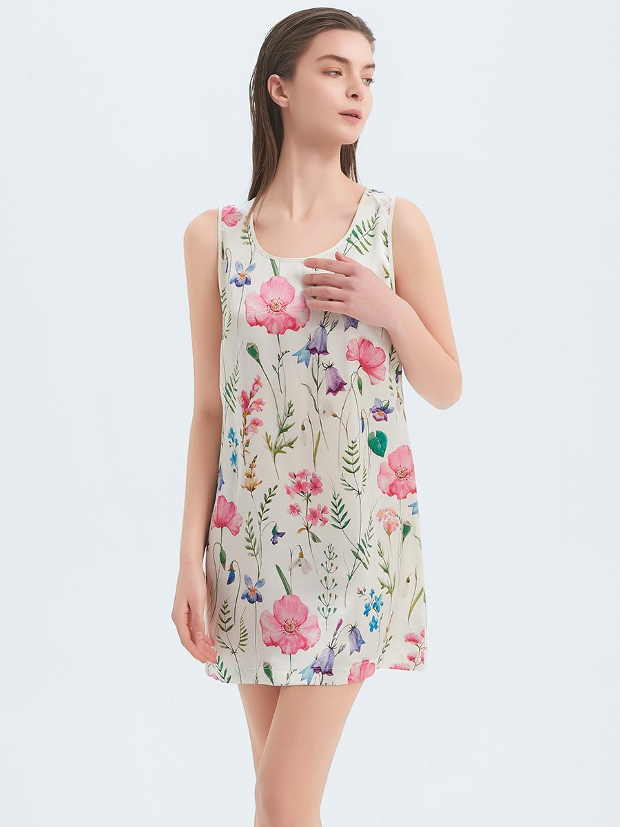 Fresh Floral Sleeveless Round Neck Silk Tank Nightgown