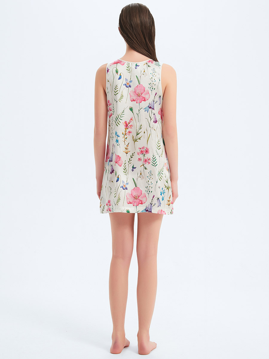 Fresh Floral Sleeveless Round Neck Silk Tank Nightgown