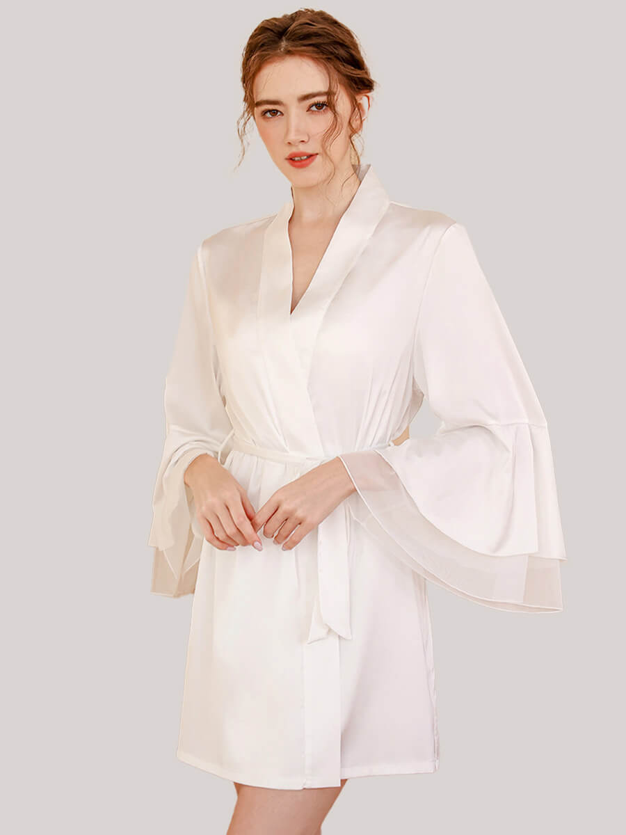 19 Momme Elegant White Silk Wedding Robe with Soft Silk Mesh