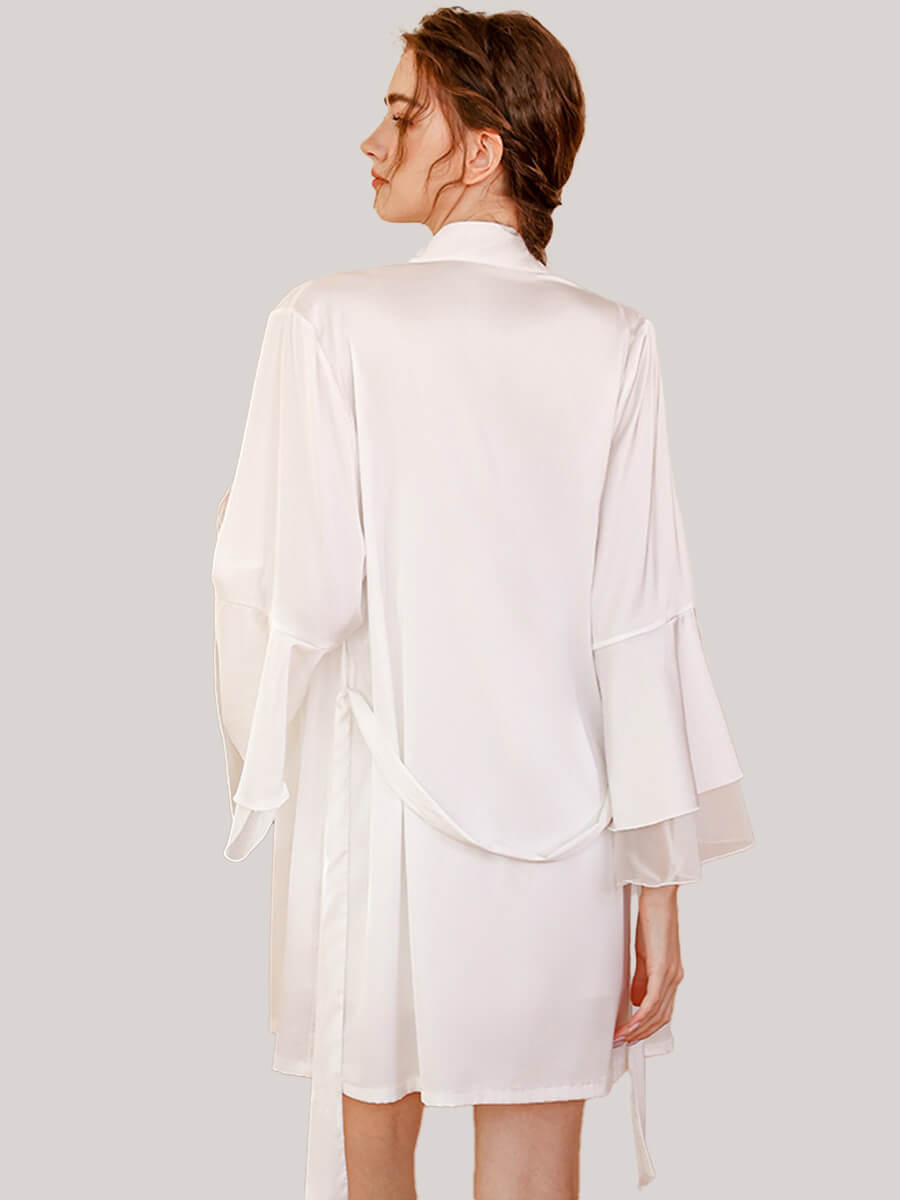 19 Momme Elegant White Silk Wedding Robe with Soft Silk Mesh