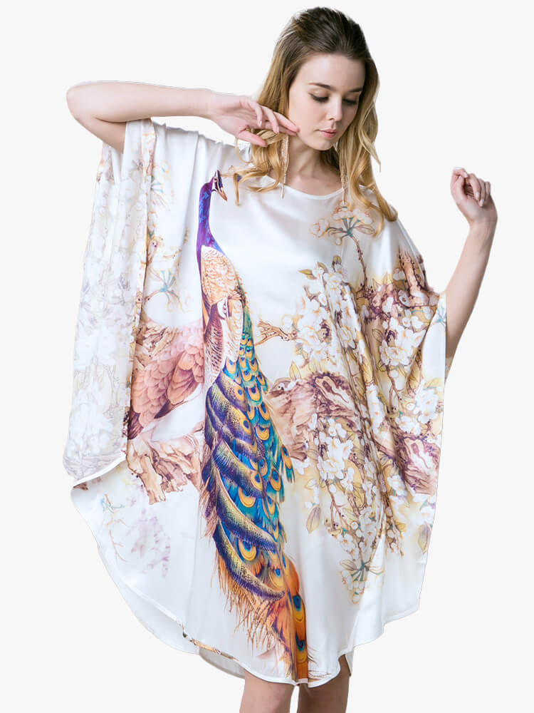 Peacock Printed Luxury Women Elegant White Silk Nightgown (image for) Peacock Printed Luxury Women Elegant White Silk Nightgown