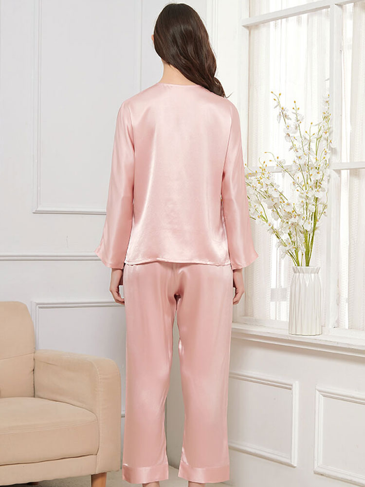 (S/Pink) Women Long Sleeve Silk Pajama Set