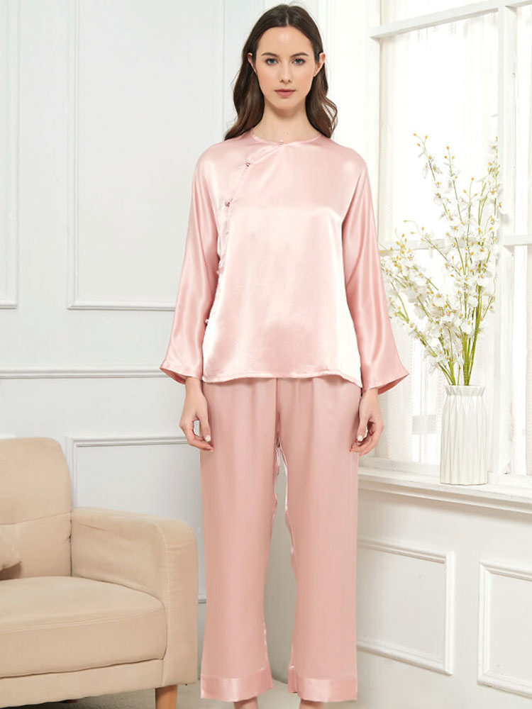 (S/Pink) Women Long Sleeve Silk Pajama Set