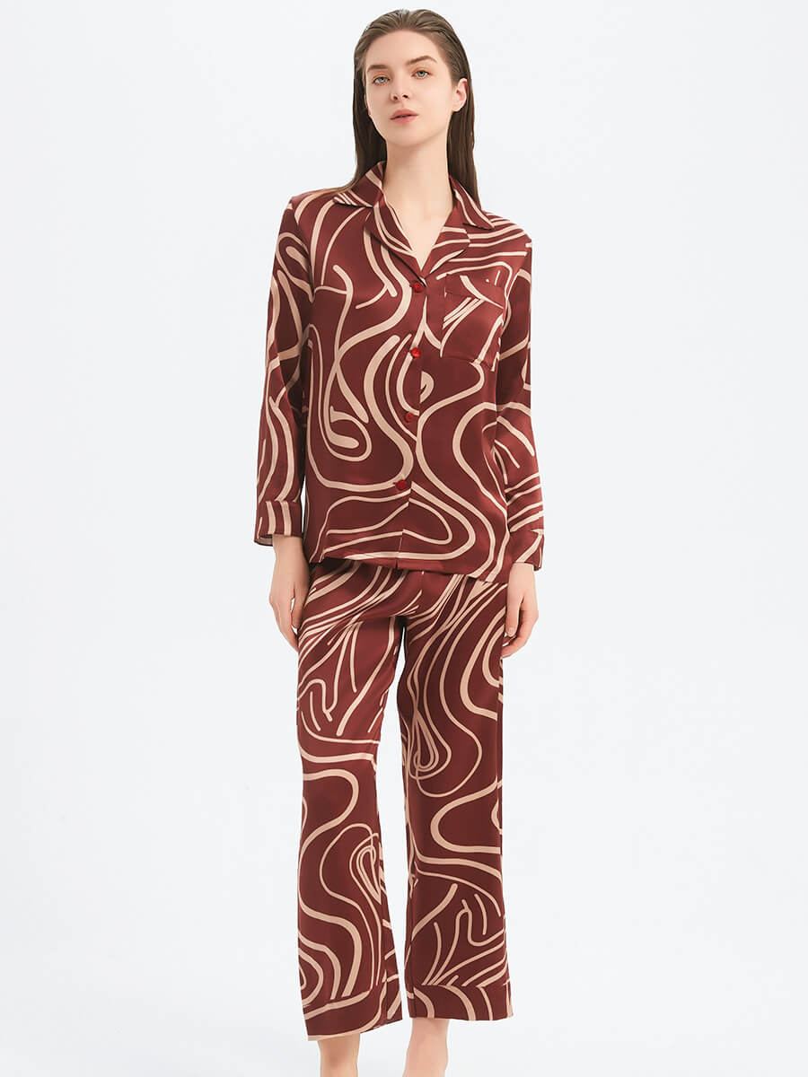22 Momme Claret Abstract Lines Print Long Sleeve Silk Pajama Set