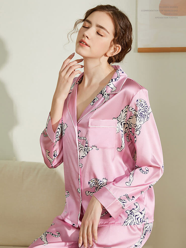 19 Momme Pink Tiger Printed Long Silk Pajama Set with Trimming