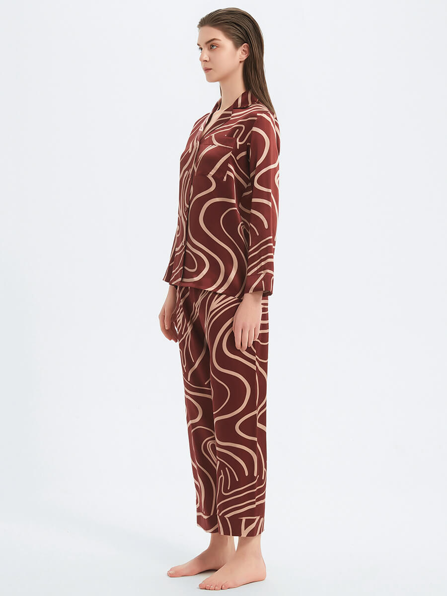 22 Momme Claret Abstract Lines Print Long Sleeve Silk Pajama Set