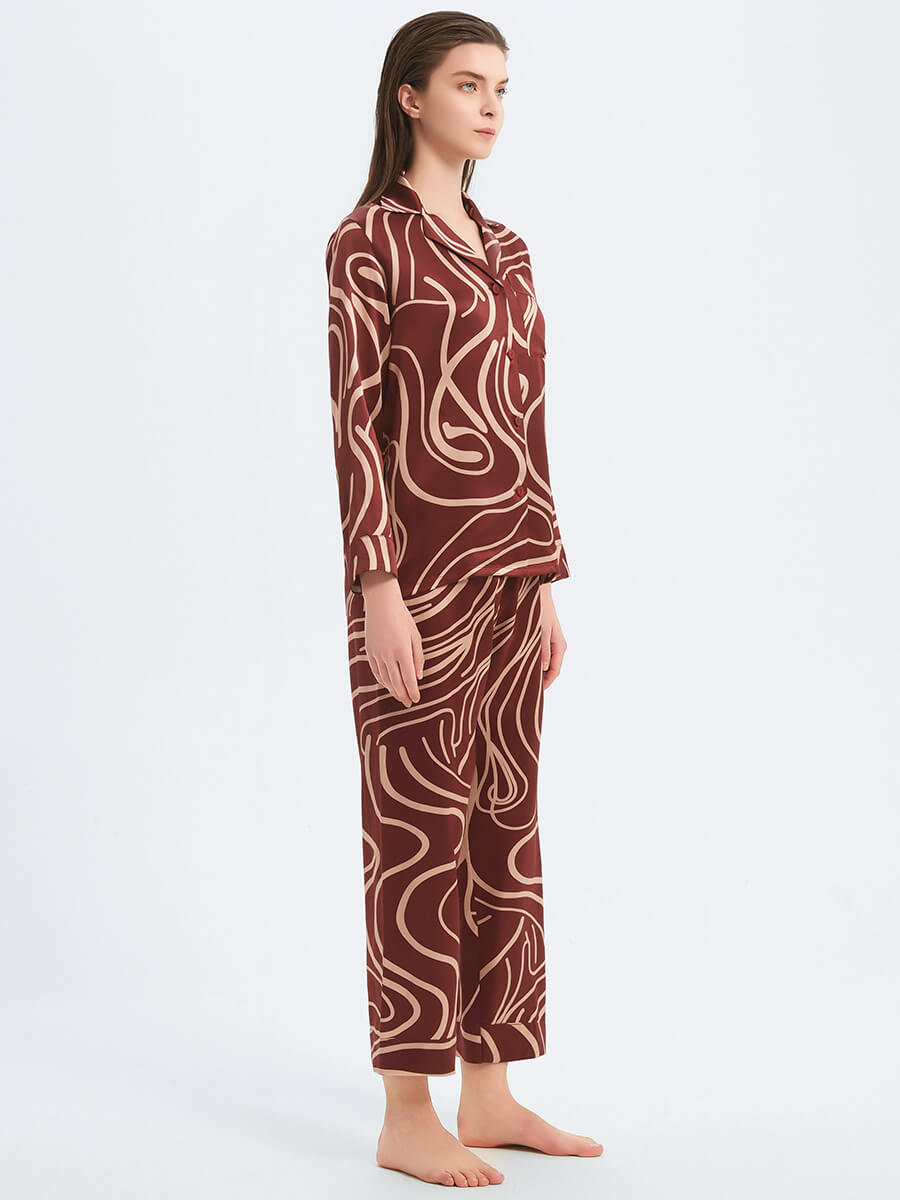 22 Momme Claret Abstract Lines Print Long Sleeve Silk Pajama Set